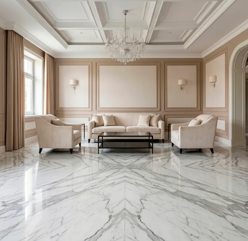 Statuario marble slab with natural grey veining on white background