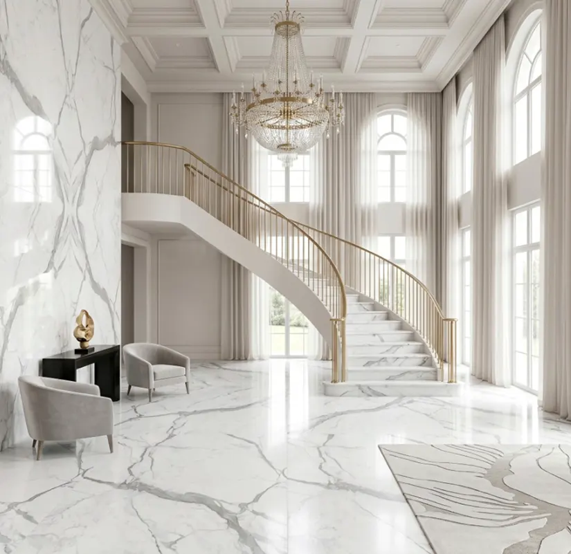 Close up of Statuario marble veining pattern showing grey streaks on white stone