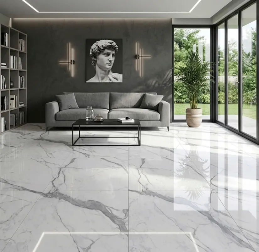 Architect selecting Statuario marble slab samples for a project